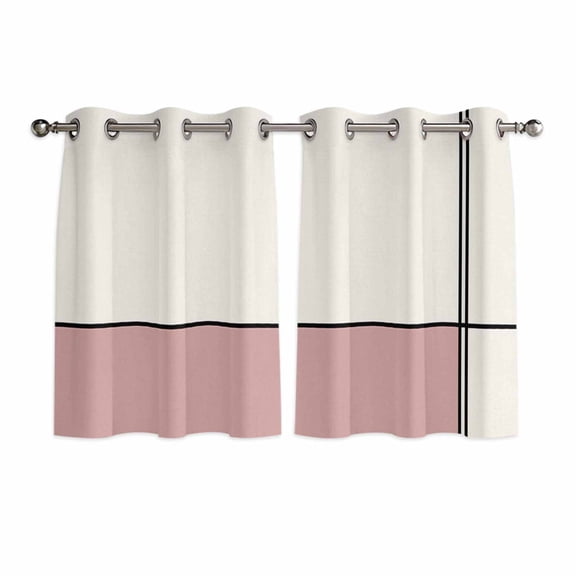 Pink Geometric Kitchen Curtains Short 54 Inch Length, Modern Beige Color Block Black Lines Art Grommet Top Bedroom Living Room Curtains, Light Filtering Cafe Curtain Drapes 2 Panels Set 84''x54''