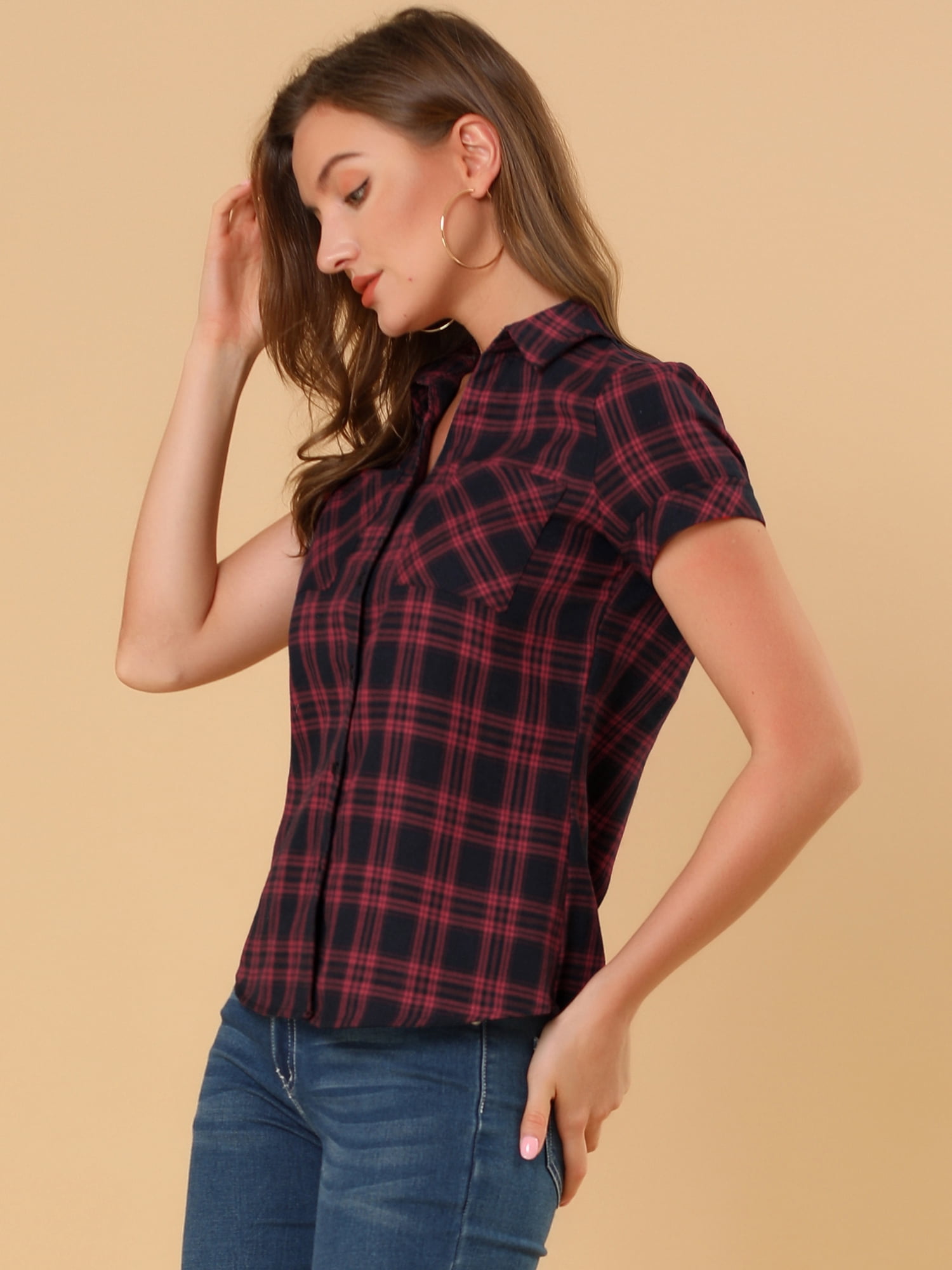 DARING DIVA Women's Plaid Shirts Cotton Short Sleeve Button Down Shirt 3XL Red Black