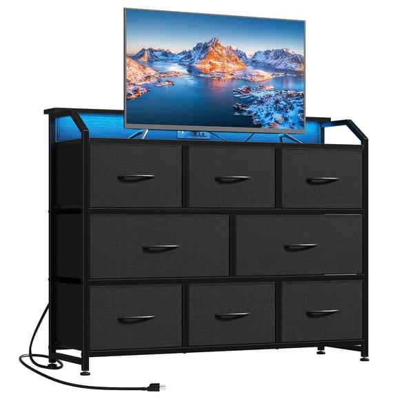 CONCETTA LED TV Stand Dresser, Fits TVs up to 45 Inches, LED Lights & Power Outlet, 8 Fabric Drawers Storage for Bedroom Living Room, Black