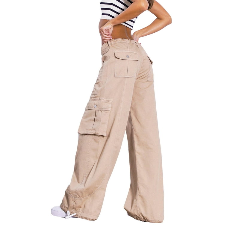 Nokiwiqis Women's Casual Cargo Trousers, Solid Color Low Waist Drawstring  Loose Straight Leg Long Pants with Pockets 