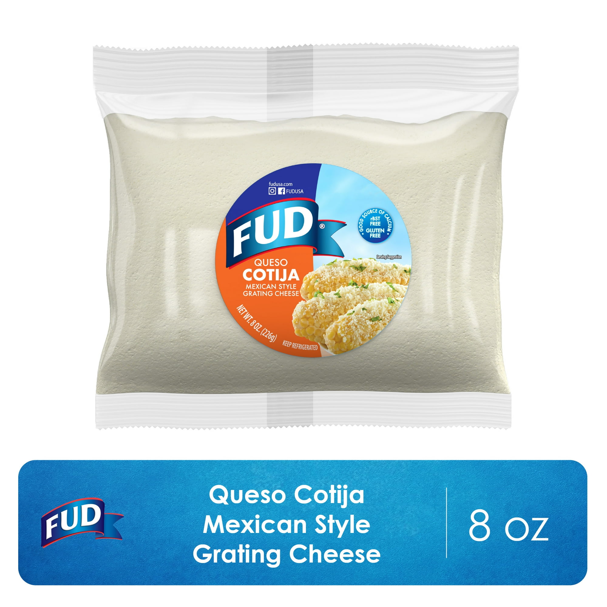FUD Cotija Mexican Style Grating Cheese, 8 oz. Pack, Refrigerated, Grated.