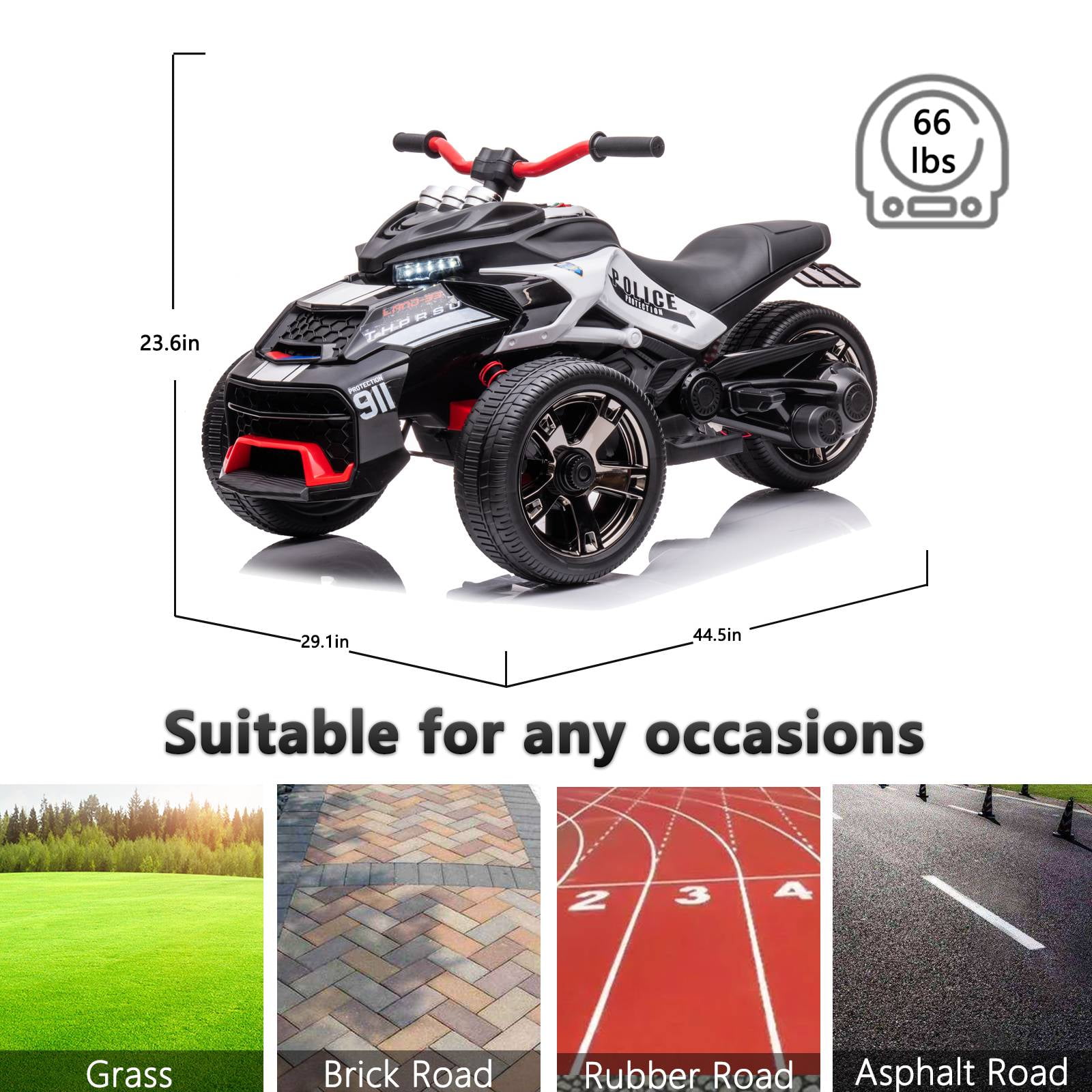 LUIBAS 24V Kids ATV Ride On Motorcycle Electric 3 Wheeler Ride-On Electric ATV Kids Ride On Toys for Kids with Battery Powered Motor, EVA Wheels, w/LED Lights, Bluetooth, MP3 for 3+ Years, Black