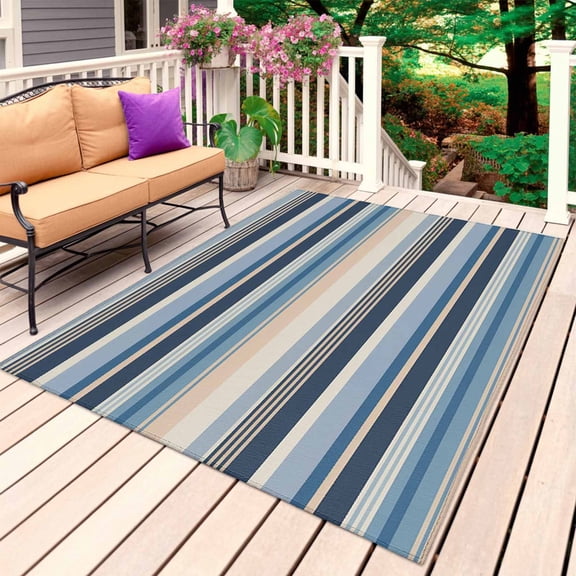 Blue Grey Beige Striped Outdoor Rug for Patio/Deck/Porch, Non-Slip Large Area Rug 5 x 7 Ft, Farmhouse Vintage Stripe Indoor Outdoor Rugs Washable Area Rugs, Reversible Camping Rug Carpet Runner