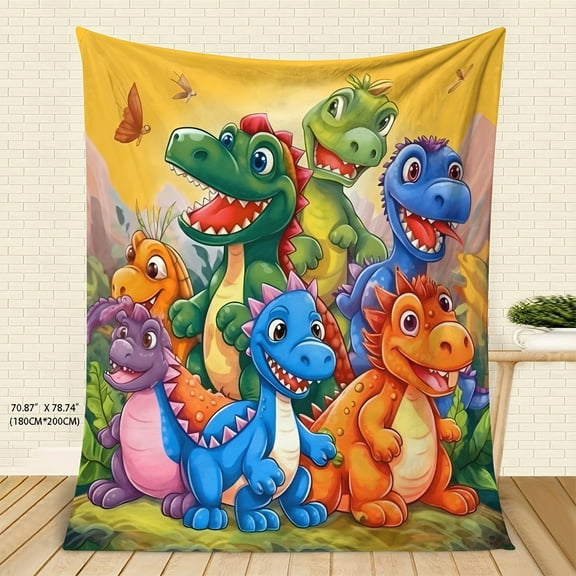 Dinosaur Cartoon Print Flannel Fleece Blanket - Hypoallergenic & Machine Washable, 280gsm All-Season Soft Cozy Throw with Vibrant Dinosaur Design (T-Rex, Velociraptor, Stegosaurus) for Bed, Sofa, Liv