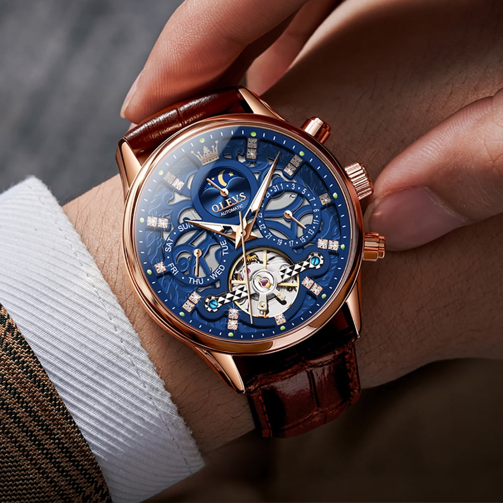 OLEVS Automatic Watches for Men Self Winding Mechanical Chronograph Skeleton Flywheel Luxury Dress Black Brown Leather Diamond Moon Phase Waterproof Luminous Mens Wrist Watches Reloj Para Hombre