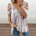 thumbnail image 2 of Lavender Floral Purple Womens Summer V Neck Zipper Top Short Sleeve T Shirt Off Shoulder Top Casual Classy Loose Shirts, 2 of 7