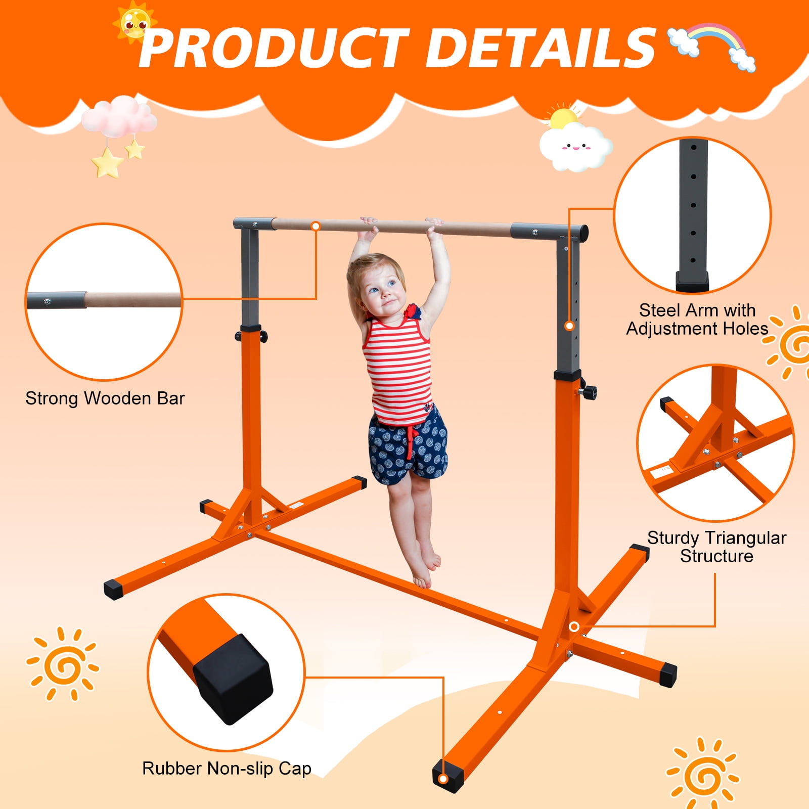 Exercise Equipment Gymnastics Bar for Kids, Adjustable Height Gym Bar, Junior Training Kip Bar for Home, Built for kids 3+ Years Orange,Workout Equipment