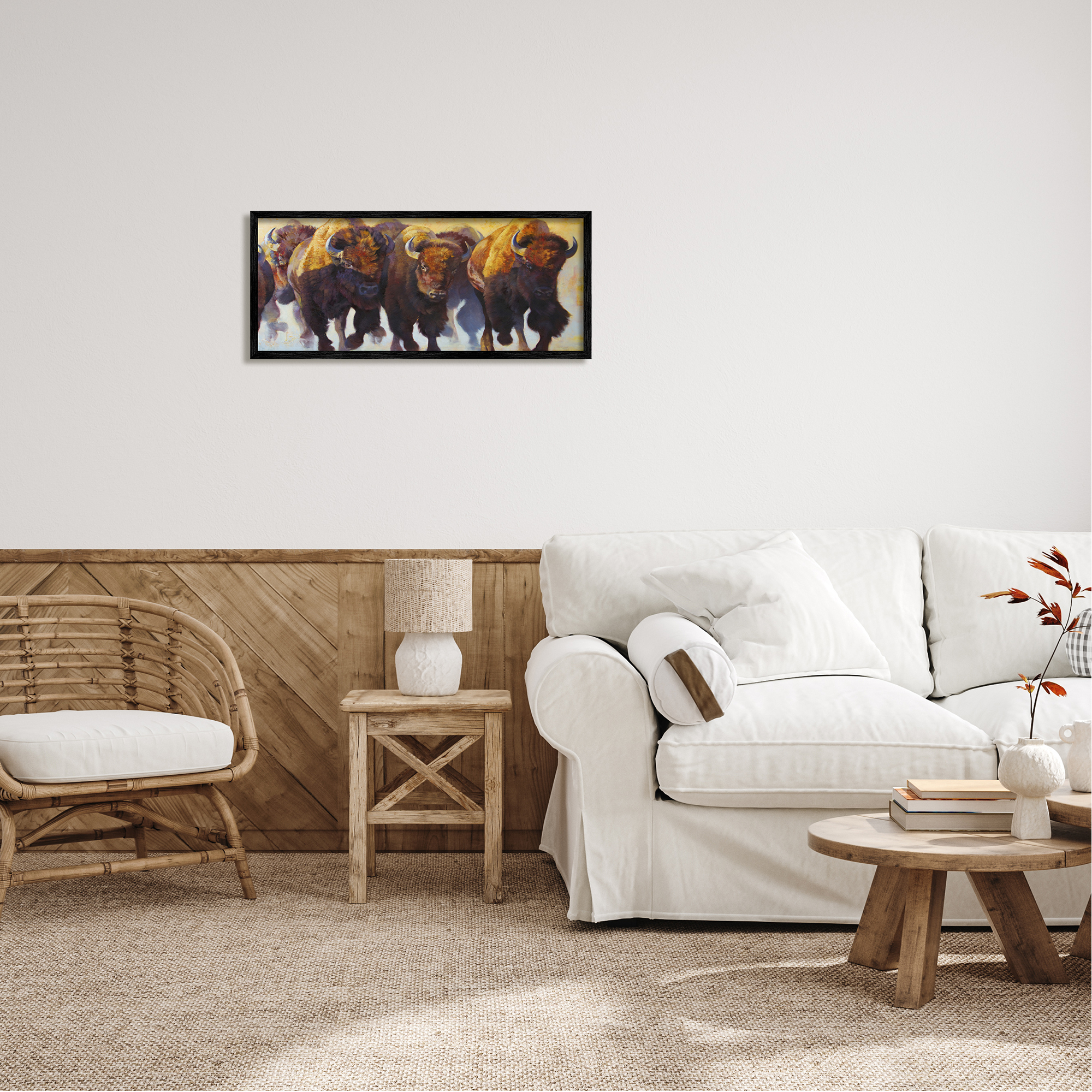 Stupell Industries Herd of Bison Painting Animals & Insects Painting Black Framed Art Print Wall Art, 30 x 13