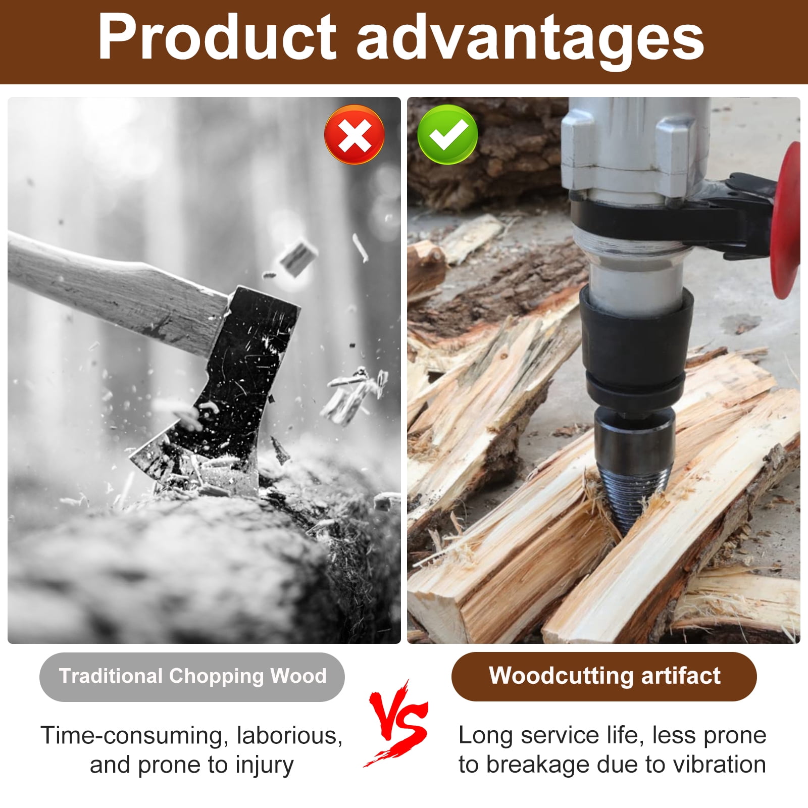 Lzvxtym 2Pcs Firewood Log Splitter 32mm 42mm High-Carbon Steel Wood Log Drill Bit with Hex/Round/Square Shank Titanium Coated Sturdy Wood Splitting Screw Cone for Electric Drill Camping