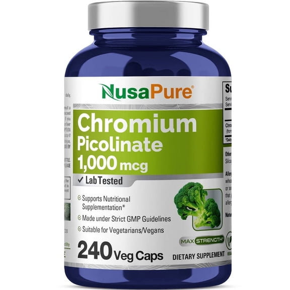 NusaPure Chromium Picolinate 1000mcg - 240 Veg Capsules: Non-GMO & Vegan, Dietary Supplement for Unisex Adult Heath & Wellness