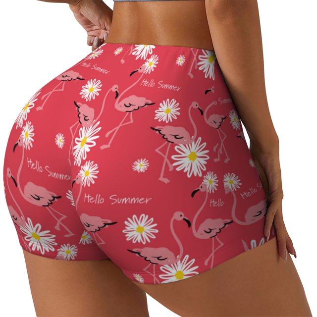 Balery Hello Summer Flamingo Pantalones cortos de entrenamiento estampados para mujer, sin costuras, ajustados, para gimnasio, yoga, correr, deportes, ejercicio activo, fitness.-Large