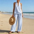 thumbnail image 6 of Cagogo Women Plus Size 2 Piece Halter Neck Sleeveless Tank Top Wide Leg Pants Set Plaid Boho Beach Outfits Loose Summer Vacation Cruise Matching Lounge Suit Tracksuits, Blue L, 6 of 6