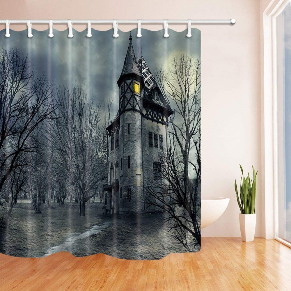 Halloween Ghost Castle Shower Curtain Bathroom Waterproof Fabric & Bath Mat 2805 