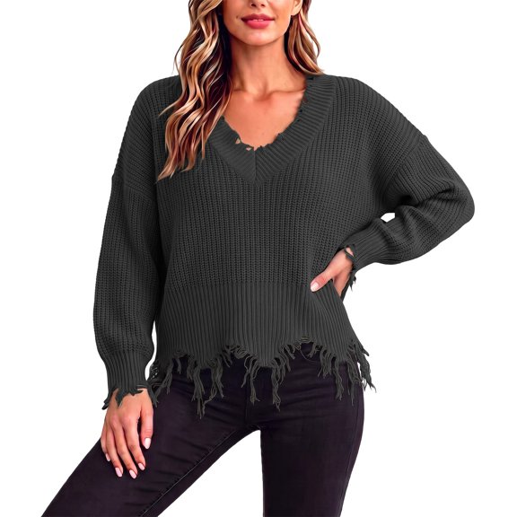 Fewfanhot Sweaters for Women Oversized Long Sleeve V Neck Ripped Cozy Warm Knitted Winter Pullover Sweaters