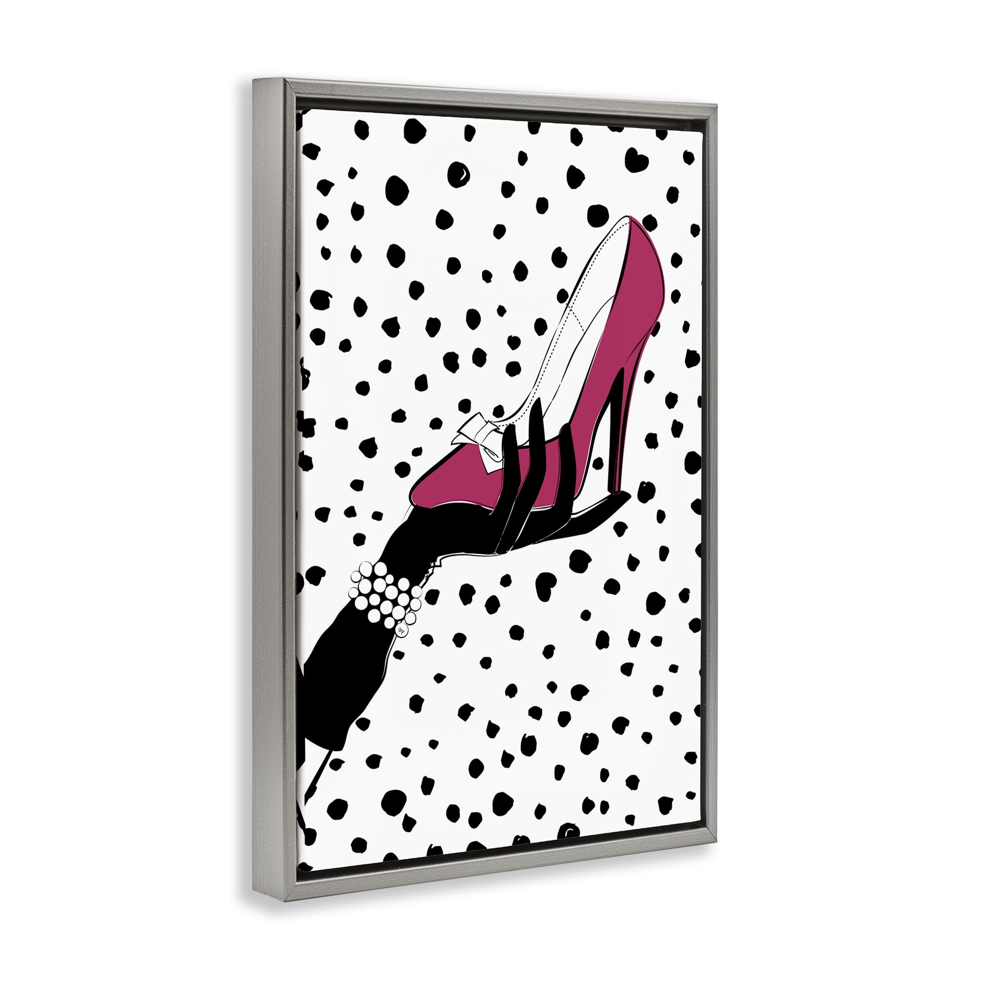 Stupell Industries Pink Shoe with Dots Beauty & Fashion Painting Gray Floater Framed Art Print Wall Art, 17 x 25