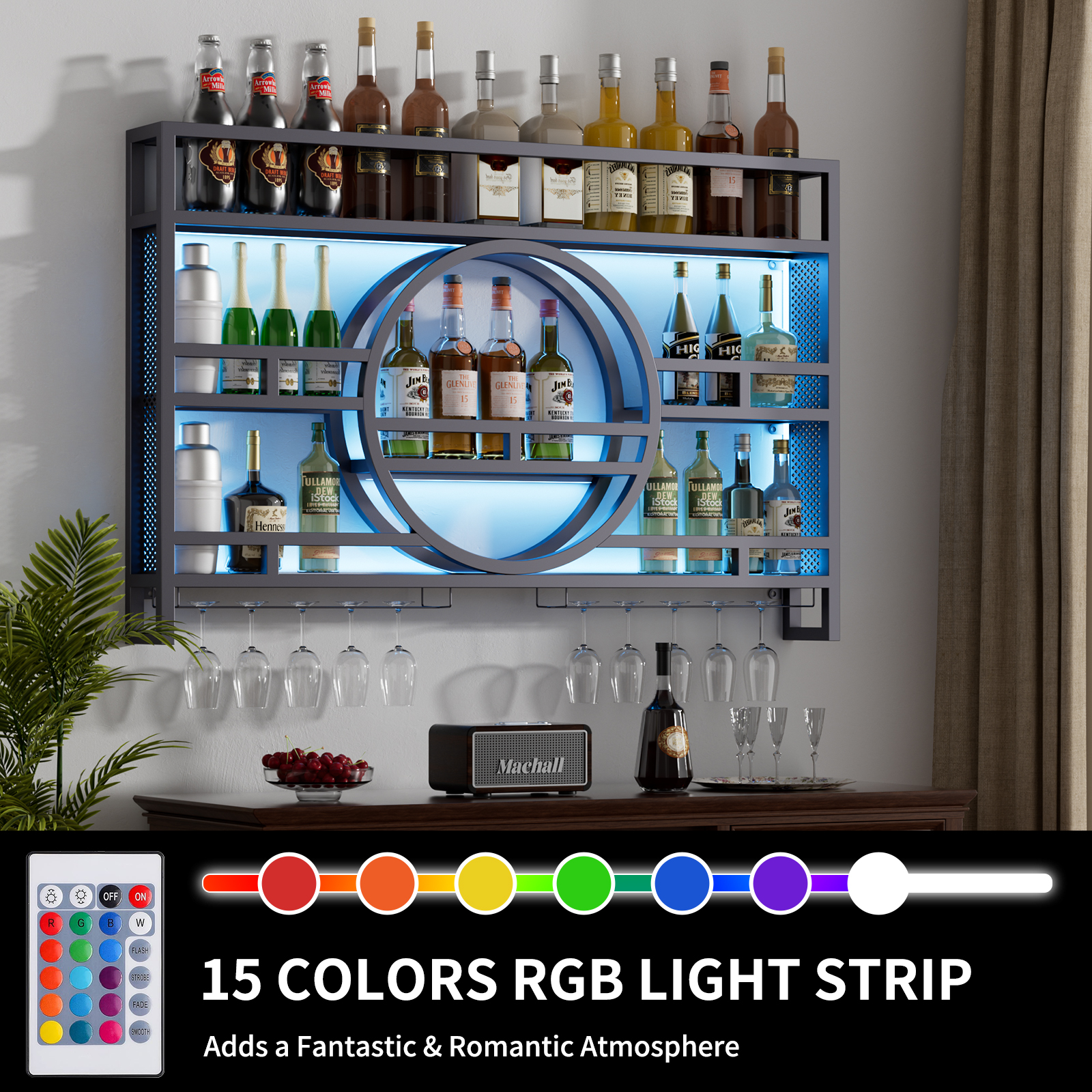 3-Tier Industrial Wine Rack Wall Mounted with LED Light, Floating Bar Shelves with Wine Glass Holder Hanging Liquor Shelf, Wall-Mounted Wine Racks Cabinets for Home Bar No Assembly Required 39 in