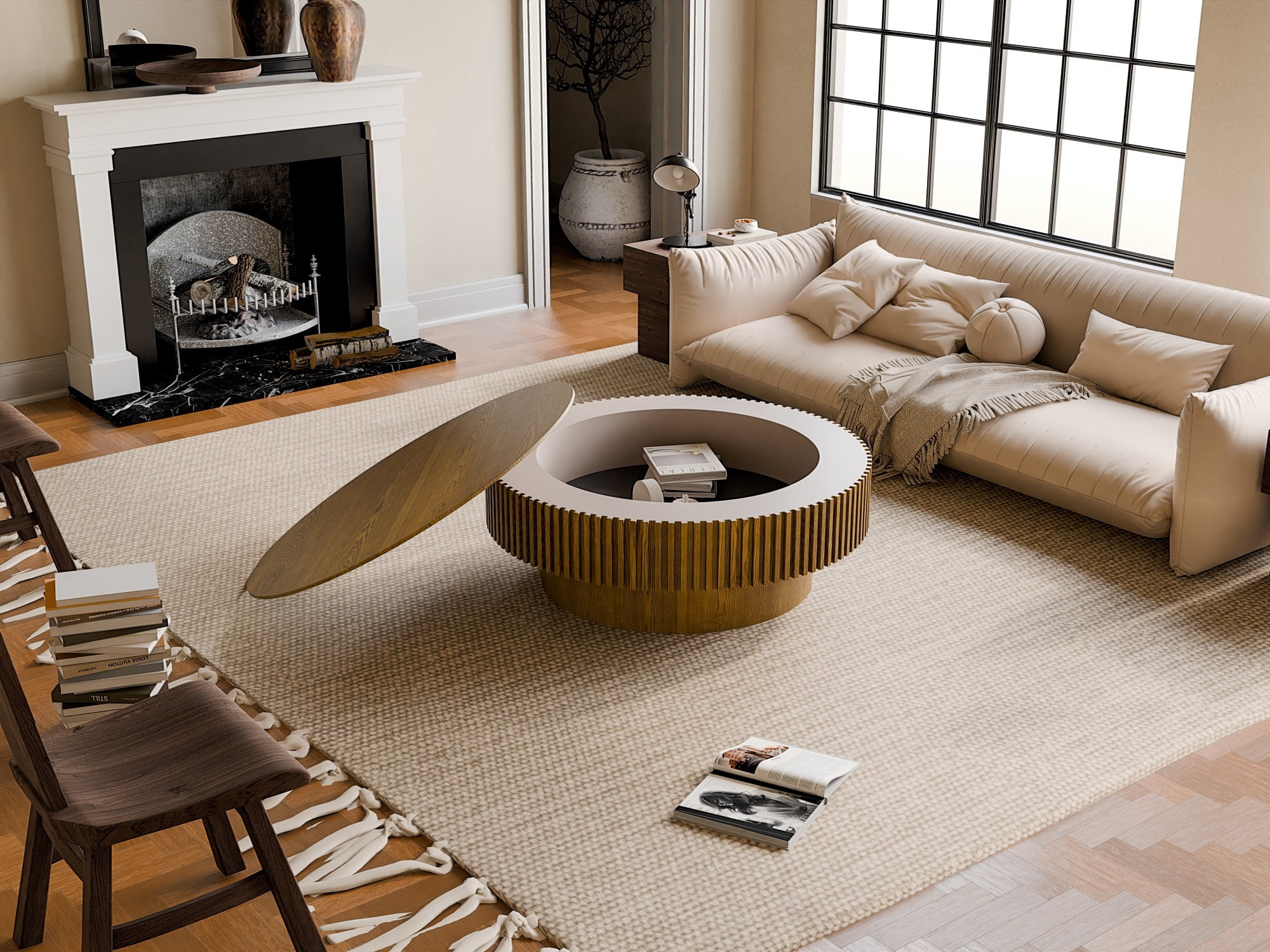 39.37" Round Coffee Table with Storage, Fluted Modern Coffee Table with Hidden Storage, Wood Veneer Center Table for Living Room, Brown