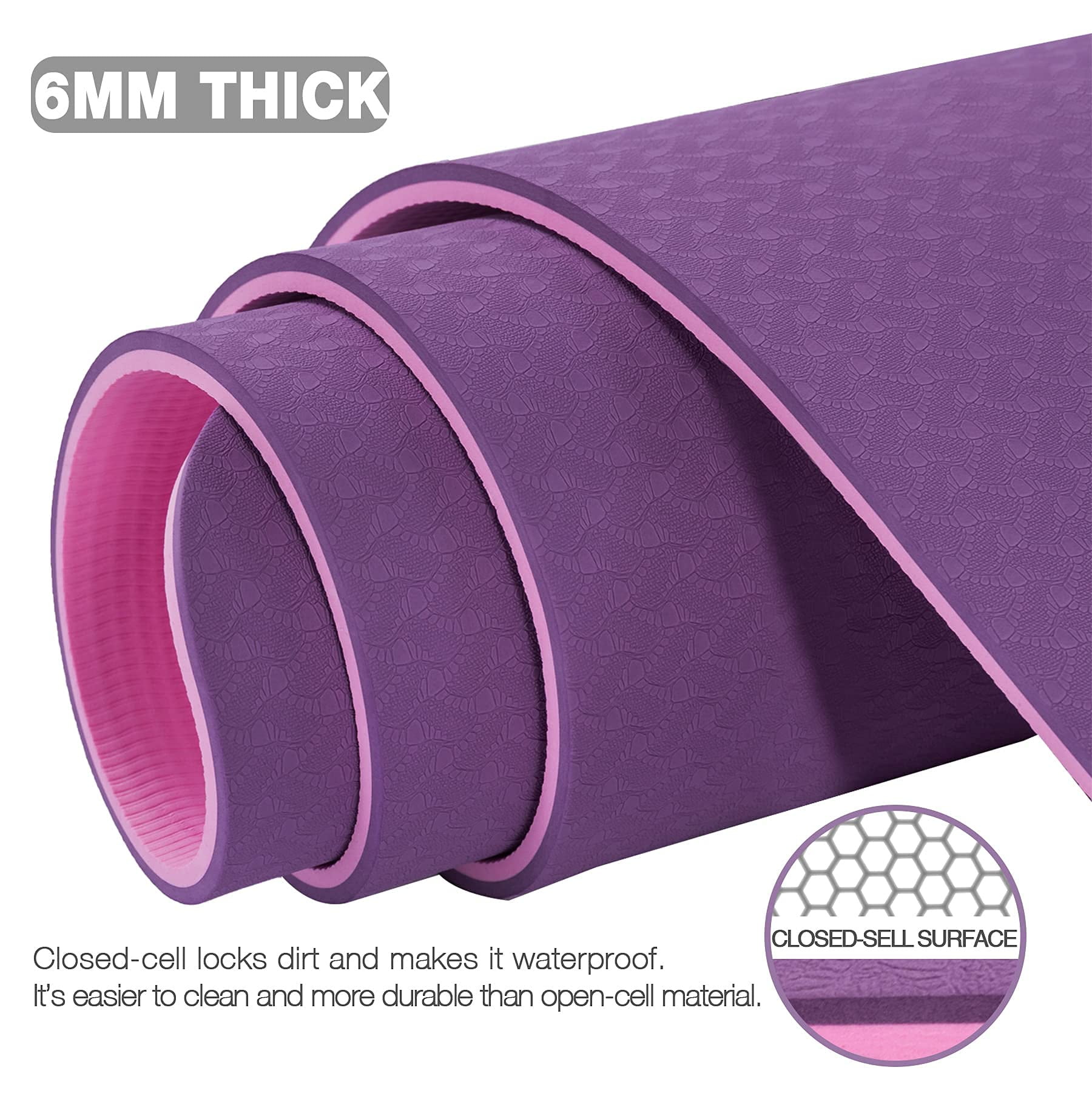 Large Yoga Mat for Men and Women 1/4 Inch Extra Thick All-Purpose TPE Fitness Mat, Non-Slip and Eco Friendly Exercise Mat for Yoga, Pilates, Stretching, Dark purple and Pink
