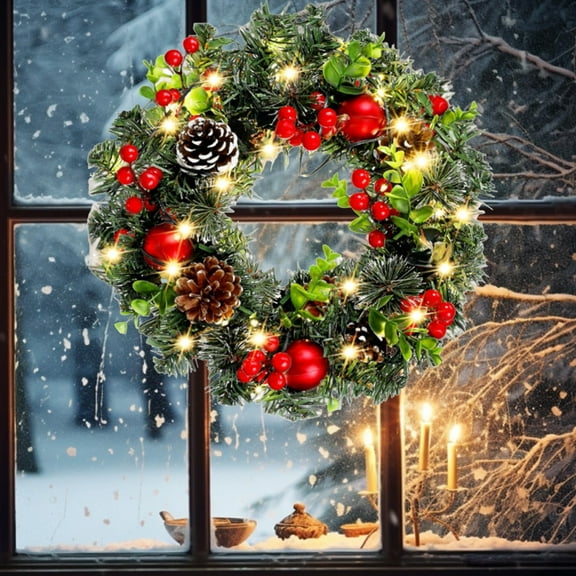 Kumdkd LED Light Berry Vines Christmas Wreath 20 Inch Front Door Decoration, Battery Operated Holiday Garland with Shiny Balls for Indoor Outdoor Festive Party Decor, Gift Ready
