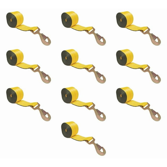 10 Pack 2" x 27' Winch Straps w/Flat Snap Hook - 3333lbs WLL - Yellow Heavy Duty 2 Inch Cargo Control Tie Down Straps for Flatbed Truck Utility Trailer