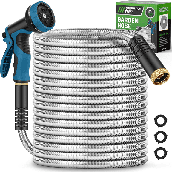 Garden Hose Metal 100FT, Stainless Steel Heavy Duty Water Hose with 10 Function Nozzle, No-Kink, Tough & Flexible, Sturdy and Lightweight