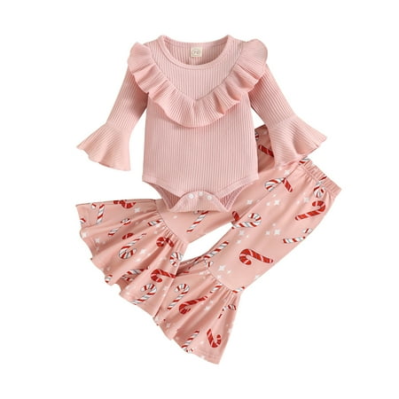 

PBaeM Infant Girls 0-12Months Christmas Candy Print Long Sleeve Romper Flare Pants Outfit Sets