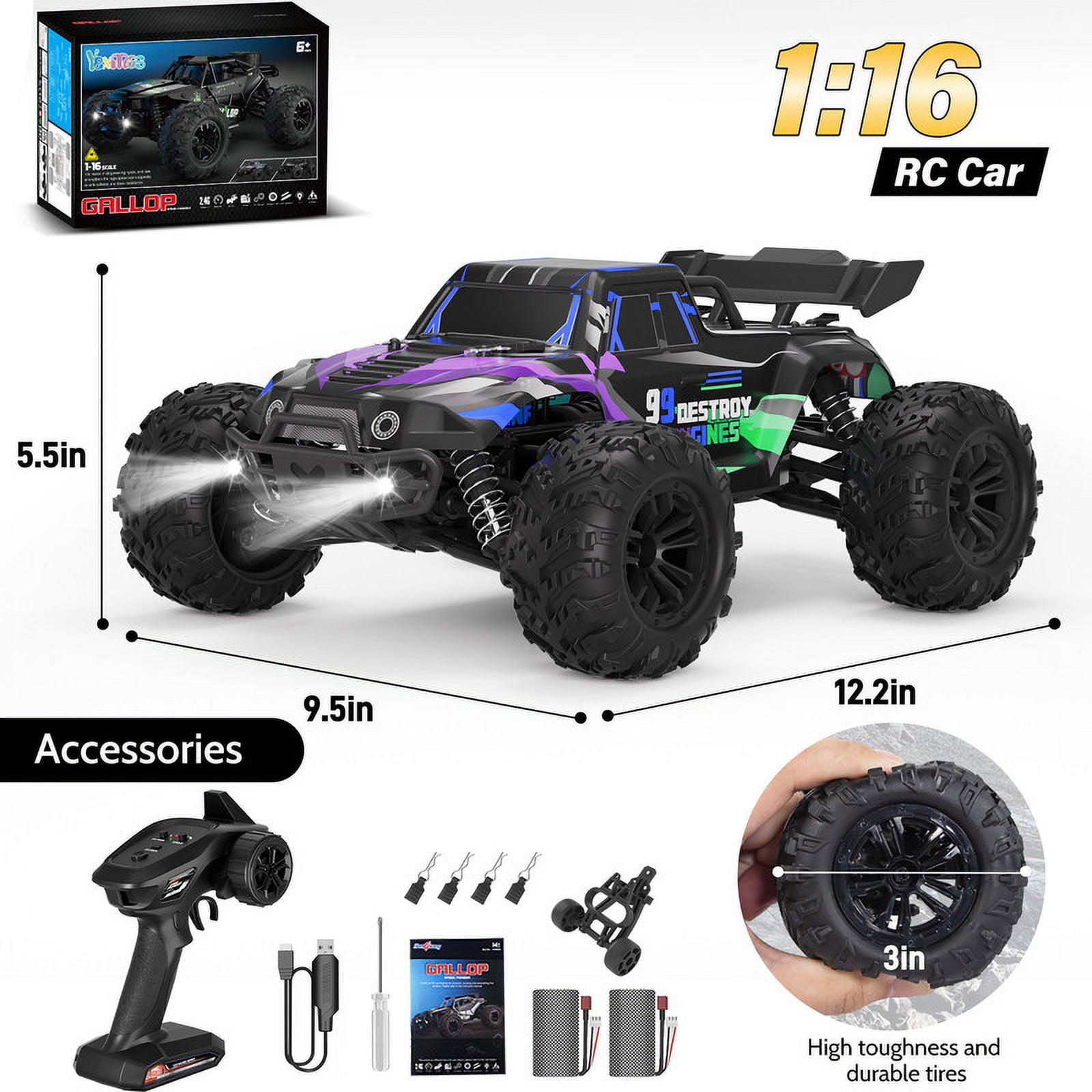 Yexmas 1:16 Scale Fast Large RC Car,40+KM/H All Terrain High Speed Remote Control Car, 4x4 RC Monster Truck with 60 Min Runtime,2 Batteries,Gifts Toys for Kids & Adults,Purple
