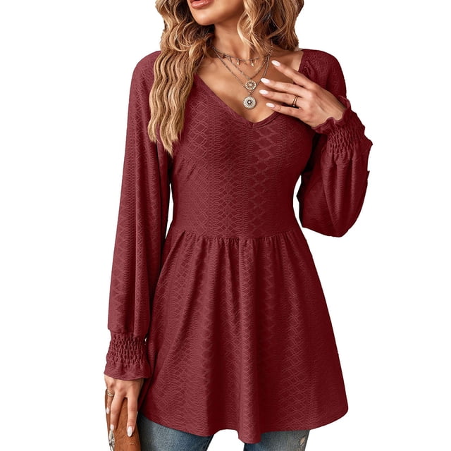 Blusas de mujer de manga larga, camisas de mujer de manga larga, blusas tipo jersey, blusas de mujer con cuello en V, elegantes, sencillas, de gran tamaño