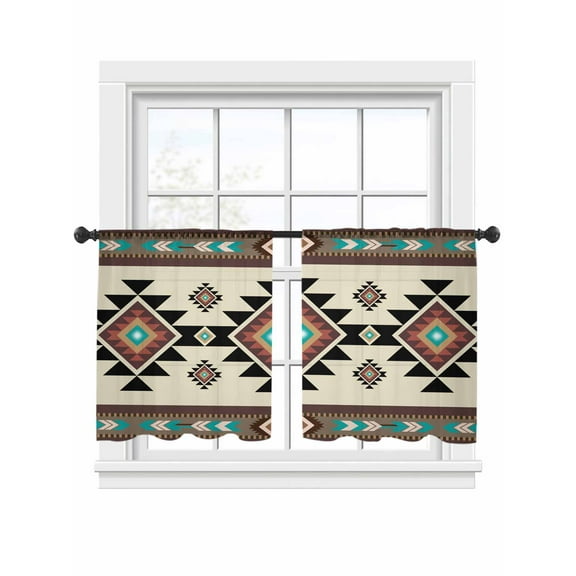 Southwest Geometric Sheer Curtains 54 Inch Length 2 Panels Set, Semi Transparent Voile Rod Pocket Curtains for Living Dining Room Bedroom Drapes Brown Mexican Aztec Boho Tribal