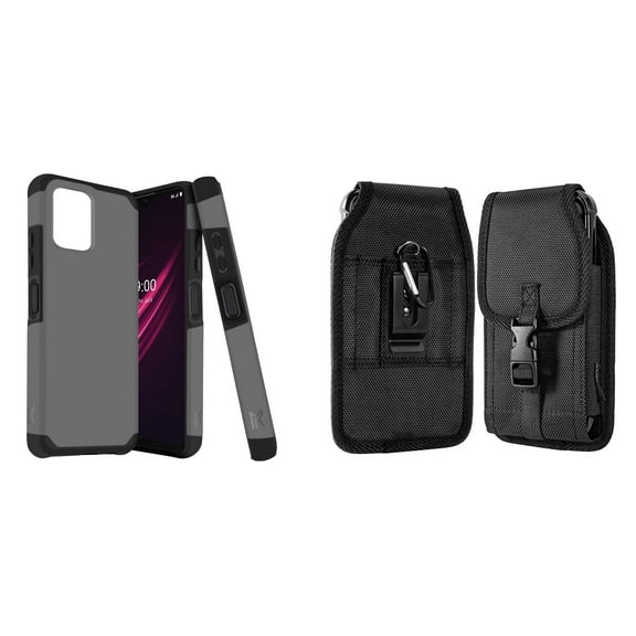 Case and Pouch Bundle for REVVL 6 Pro 5G: Dual Layer Slim Case (Grey) and Vertical Nylon Buckle Belt Holster