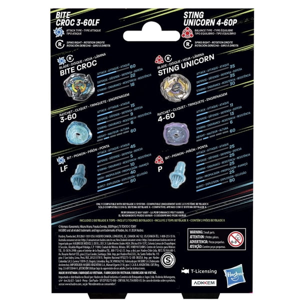 Beyblade X Bite Croc 3-60LF and Sting Unicorn 4-60P Top Dual Pack