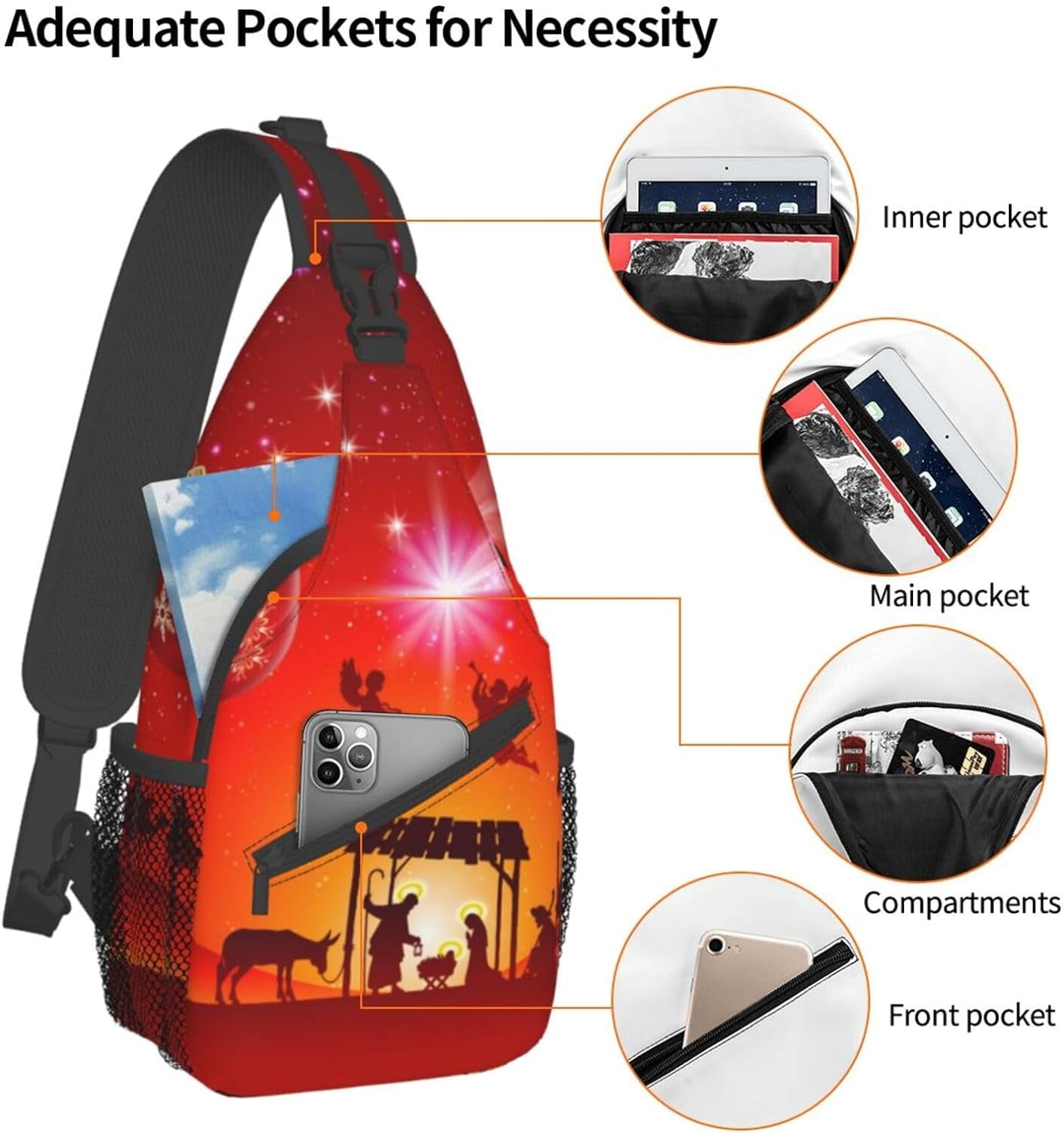 Christmas Nativity Jesus Holy Night Sling Bag Crossbody Hiking Travel Chest Bags Backpack Shoulder Daypack for Women Men