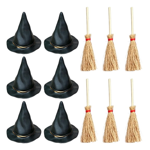 12Pcs Mini Witch Hat and Broom Set, Plastic Halloween Party Decor, 6 Hats   6 Brooms, DIY Tiered Tray Bottle Topper Decor
