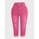 thumbnail image 2 of Pantalones vaqueros recortados para mujer, informales, de verano, con dobladillo rasgado, cintura media, rosa, talla grande, 2 of 5