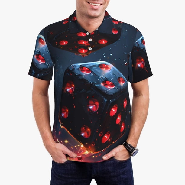 Balery Cosmic Red Sparkle Dice Camisa Polo de Hombre con Estampado, de Manga Corta y Tejido Medio, Camisa Tipo Golf Polo-Large