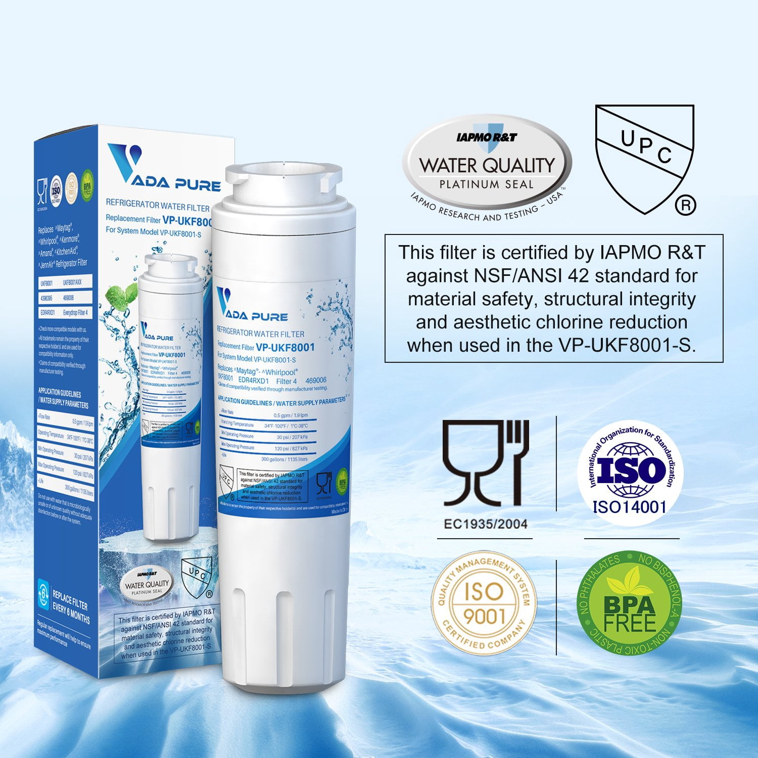 Vada Pure - UKF8001 Water Filter Replacement for Everydrop Filter 4, UKF8001, UKF8001AXX-750, UKF8001AXX-200, Whirlpool 4396395, Kenmore 9084, 9006, Puriclean II, and Many More Models (3 Pack)
