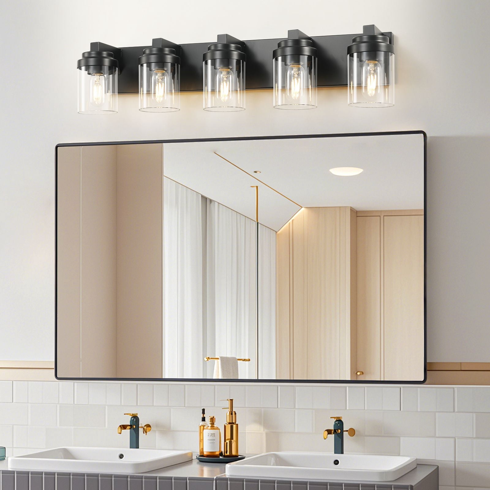 31 Inch 5-Light Bathroom Vanity Light, Black Wall Sconce with Clear Glass Shades for Mirror, Modern Farmhouse Vanity Lighting Fixture for Bathroom Cabinet Hallway, Hardwired (Bulbs Not Included)
