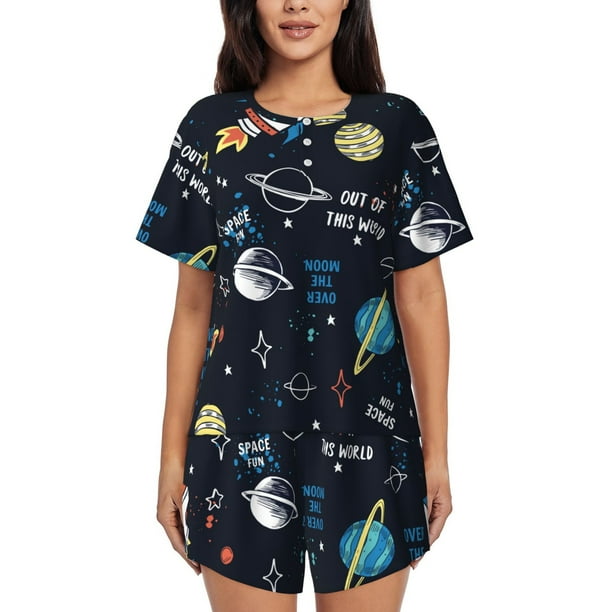Balery Space Conjunto de Pijama para Mujer con Estampado, Dos Piezas de Manga Corta y Shorts, Ropa de Dormir Suave con Cuello Redondo y Bolsillos-Medium