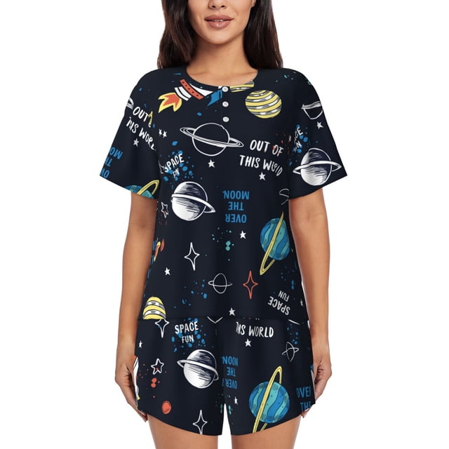 Balery Space Conjunto de Pijama para Mujer con Estampado, Dos Piezas de Manga Corta y Shorts, Ropa de Dormir Suave con Cuello Redondo y Bolsillos-Medium