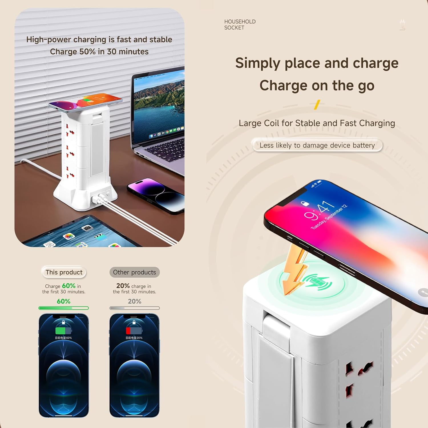 Samovi Power Strip Tower with Night Light & Wireless Charger, 9 AC Outlets, 2 USB + 1 Type-C Port, 6.6ft Extension Cord for Home Office Dorm Room, White
