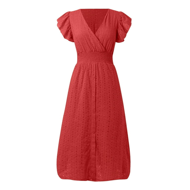 Youmylove Women's Summer Dresses Elegant Empire Waist Midi Dress Lace  Jacquard Hollow Out Slim V Neck Casual A-Line Tiered Sundress Trendy Easter  Dresses - Walmart.com