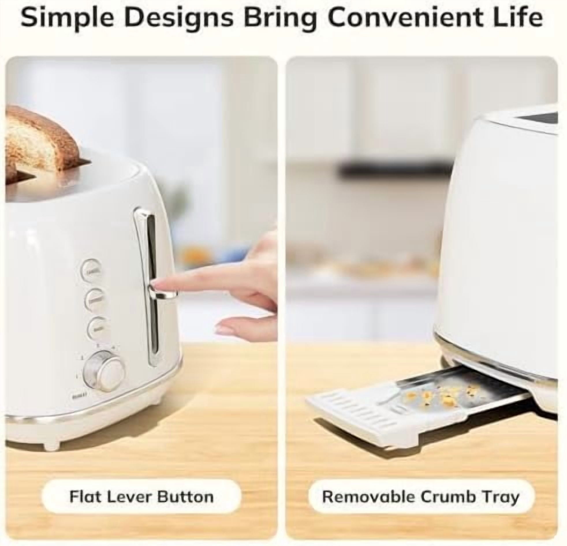 Toaster 2 Slice, Retro Wide Slot Stainless Steel Toaster with 6 Browning Levels, Reheat & Defrost, for Bagel, Toast, Bread, Kitchen Essentials, Removable Crumb Tray, White