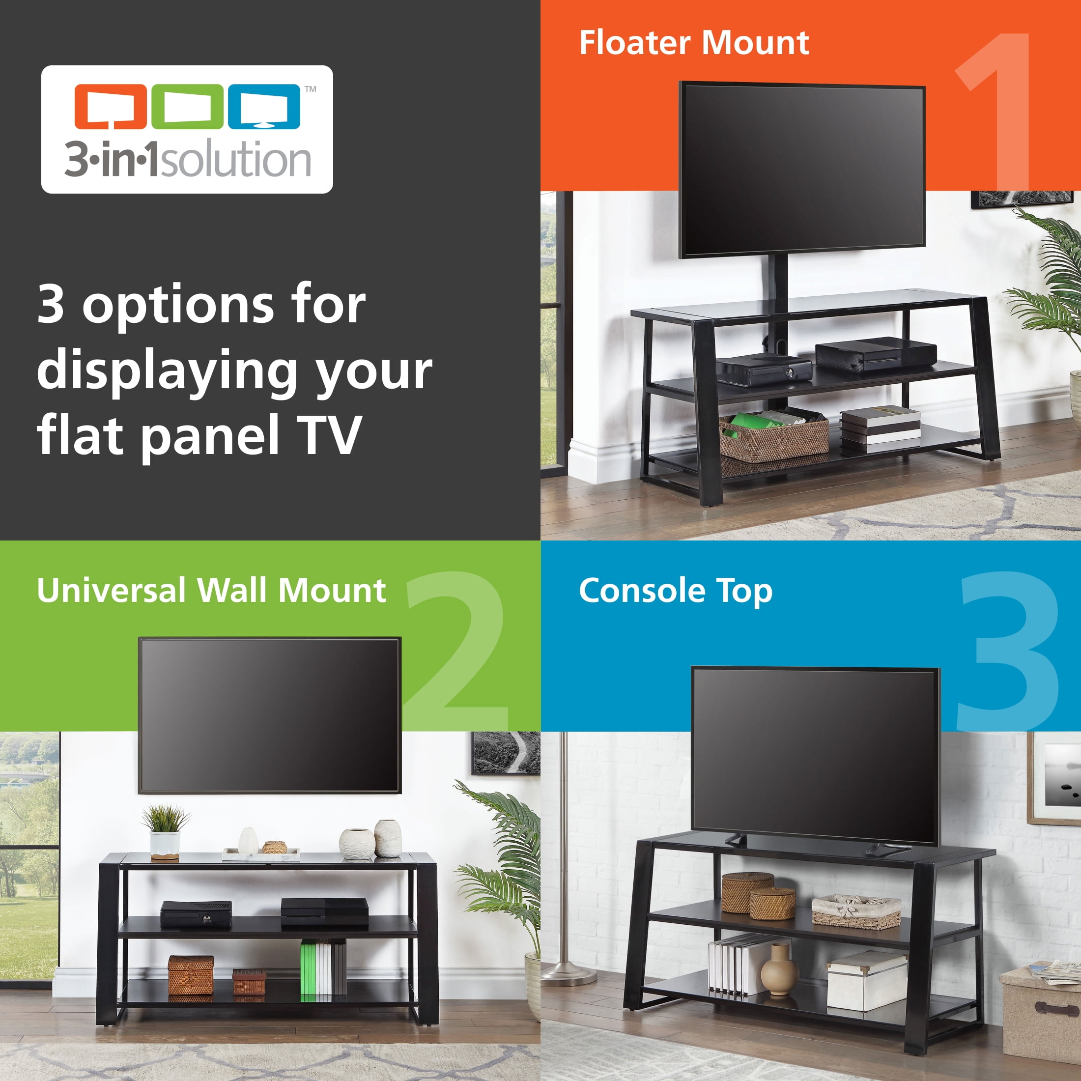 Whalen Zane 3-in-1 TV Stand for TVs up to 70 inch, Glassy Black Finish