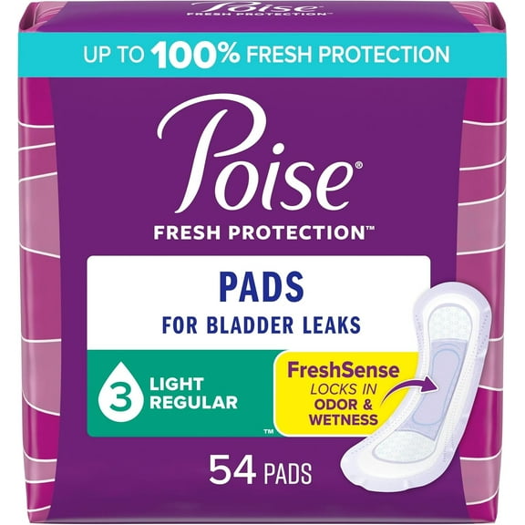 Poise Incontinence Pads & Postpartum Incontinence Pads, 3 Drop Light Absorbency, Regular Length, 54 Count, Packaging May Vary