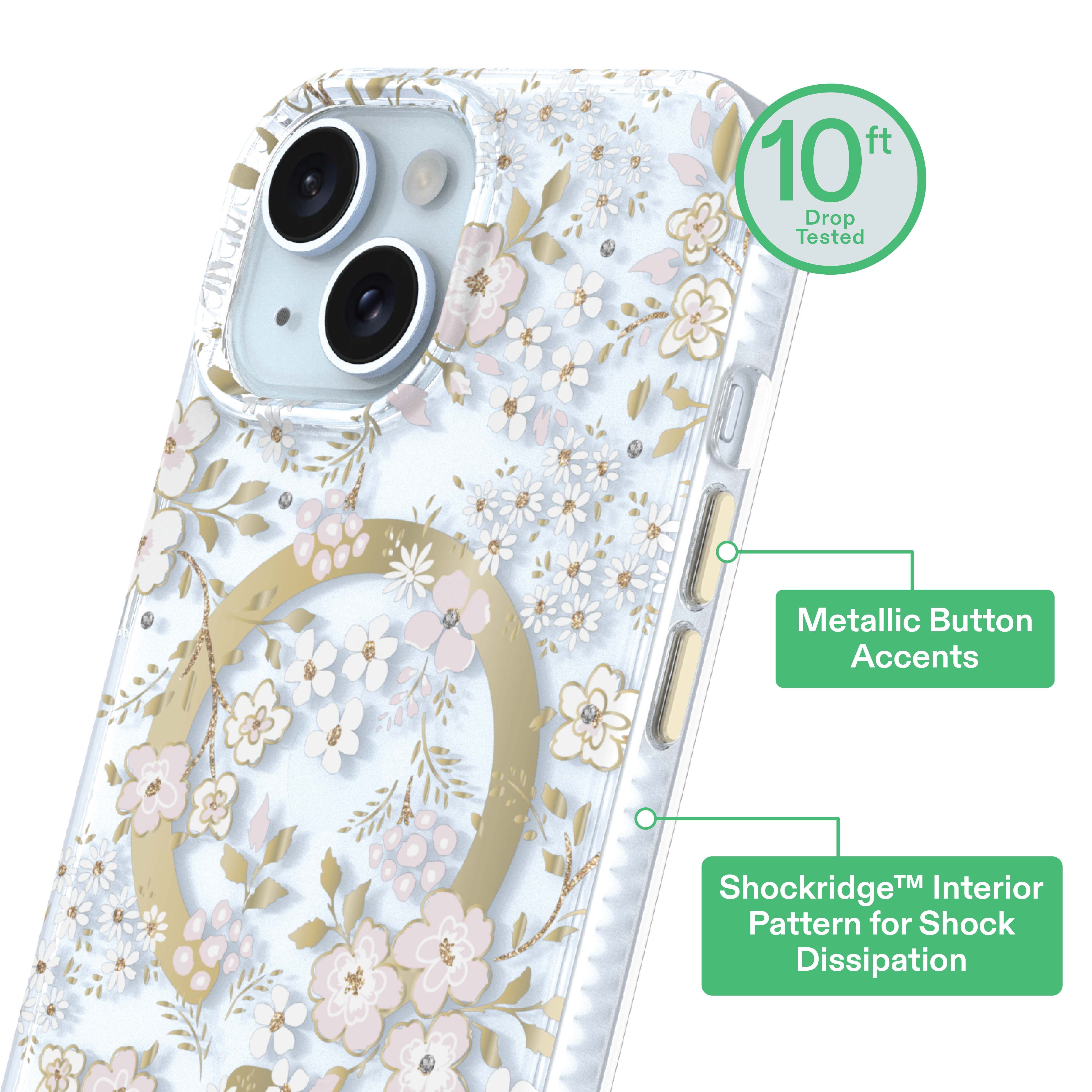 onn Phone Case for iPhone 17e / 16e / 15 / 14 / 13, MagSafe Compatible - Pink & White Floral with Gems