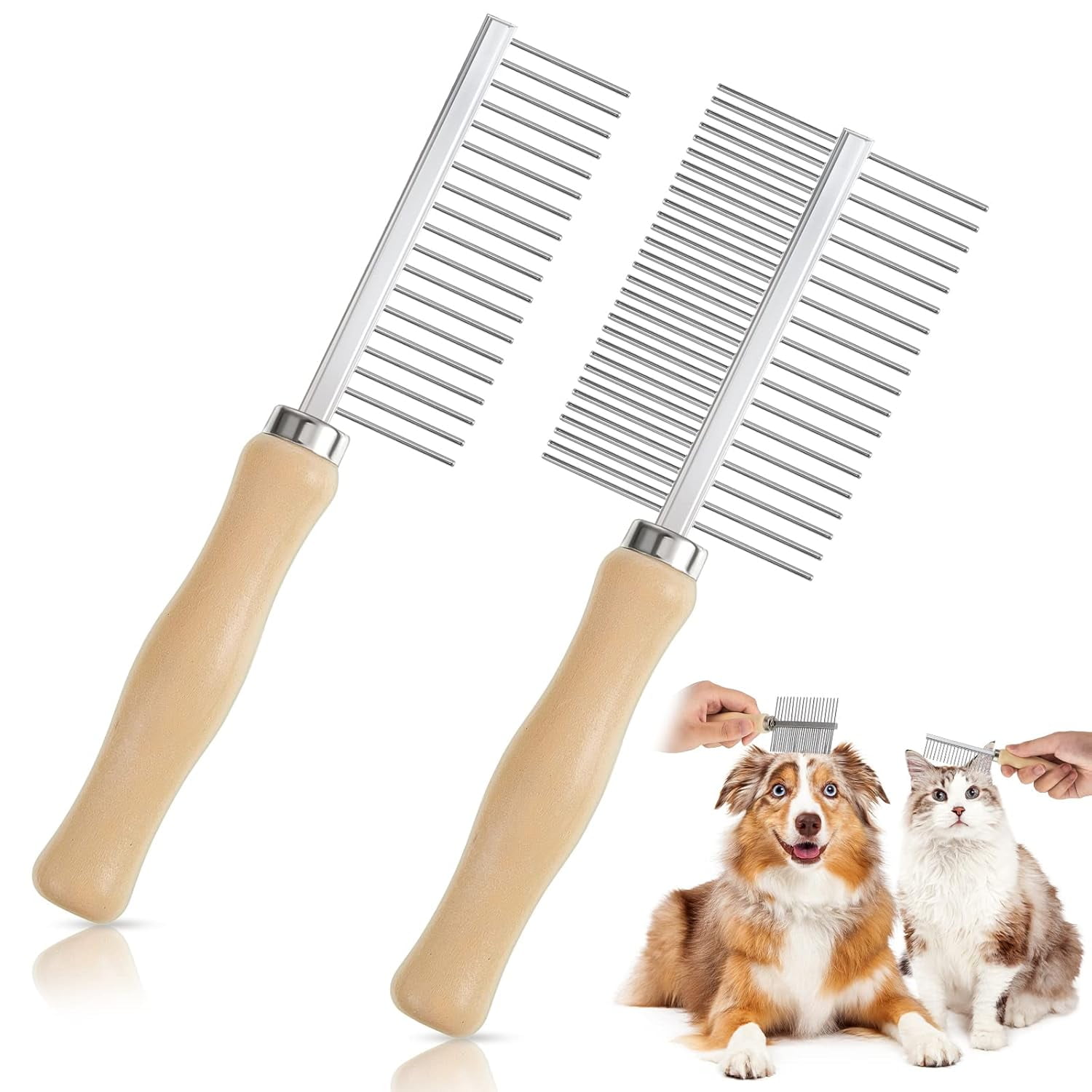 ACDANC 2 Pcs Dog Metal Combs Cat Wooden Handle Grooming Combs Stainless Steel Hairbrush Double Side Metal for Pet Dog Grooming Brush Pet Flea Hairbrush for Long Short Hair Fur Brush Tool