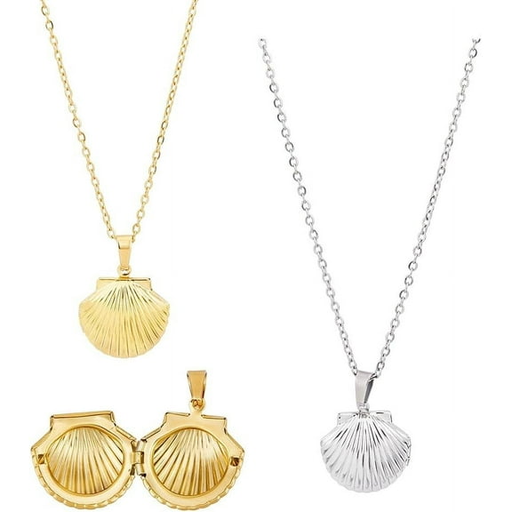 2Pcs 2 Colors Seashell Charm Necklace 45.3CM Gold Locket Ocean Shell Pendant Necklace Fashion Beach Titanium Steel Necklace Adjustable Long Chain Choker Pendant Necklaces Jewelry