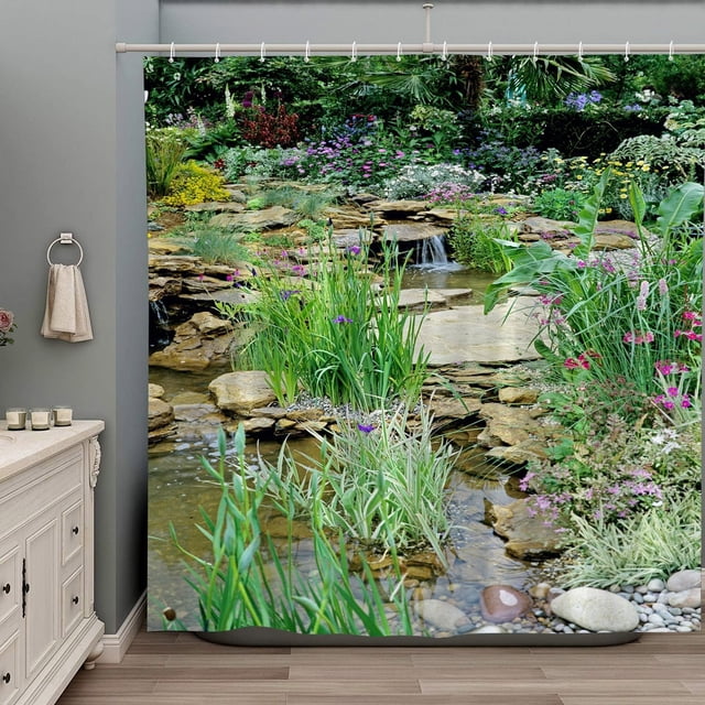 Garden Landscape Shower Curtain Colorful Floral Spring Summer Nature Plants Scenery Country Rustic Decor Set Add a Burst of Outdoor Beauty to Your Bathroom Polyester Fabric Curtains with Hooks (70"x70