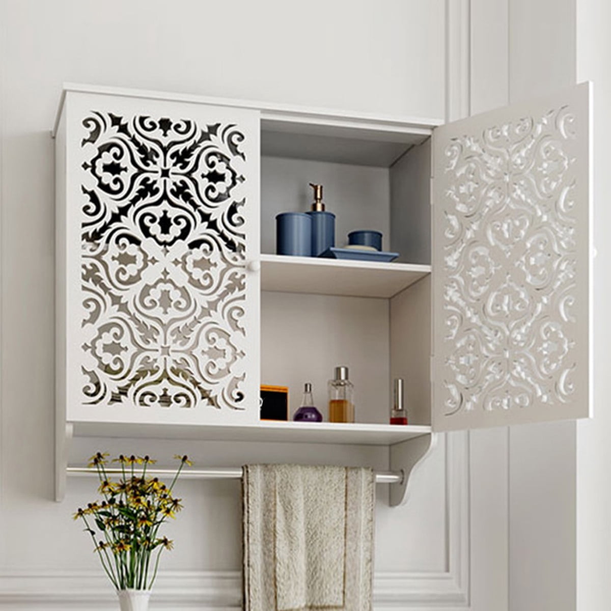 HONEIER Bathroom Wall Cabinet with Towels Bar Over The Toilet Space Saver Storage Cabinet Wall Mounted Medicine Cabinets with 2 Doors for Toilet, Bathroom, Living Room, Kitchen, Laundry