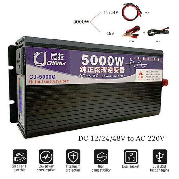 CJC Power Inverter 5000W, DC 12V to AC 220V Converter with LCD Display, Pure Sine Wave Solar Converter for Home, RV, Outdoor, Camping, Boat, Emergency